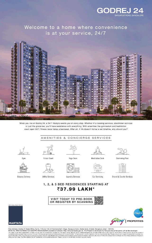 Book 1, 2, and 3 Bed residences starting at 37.99 Lakh at Godrej 24, Bangalore Update